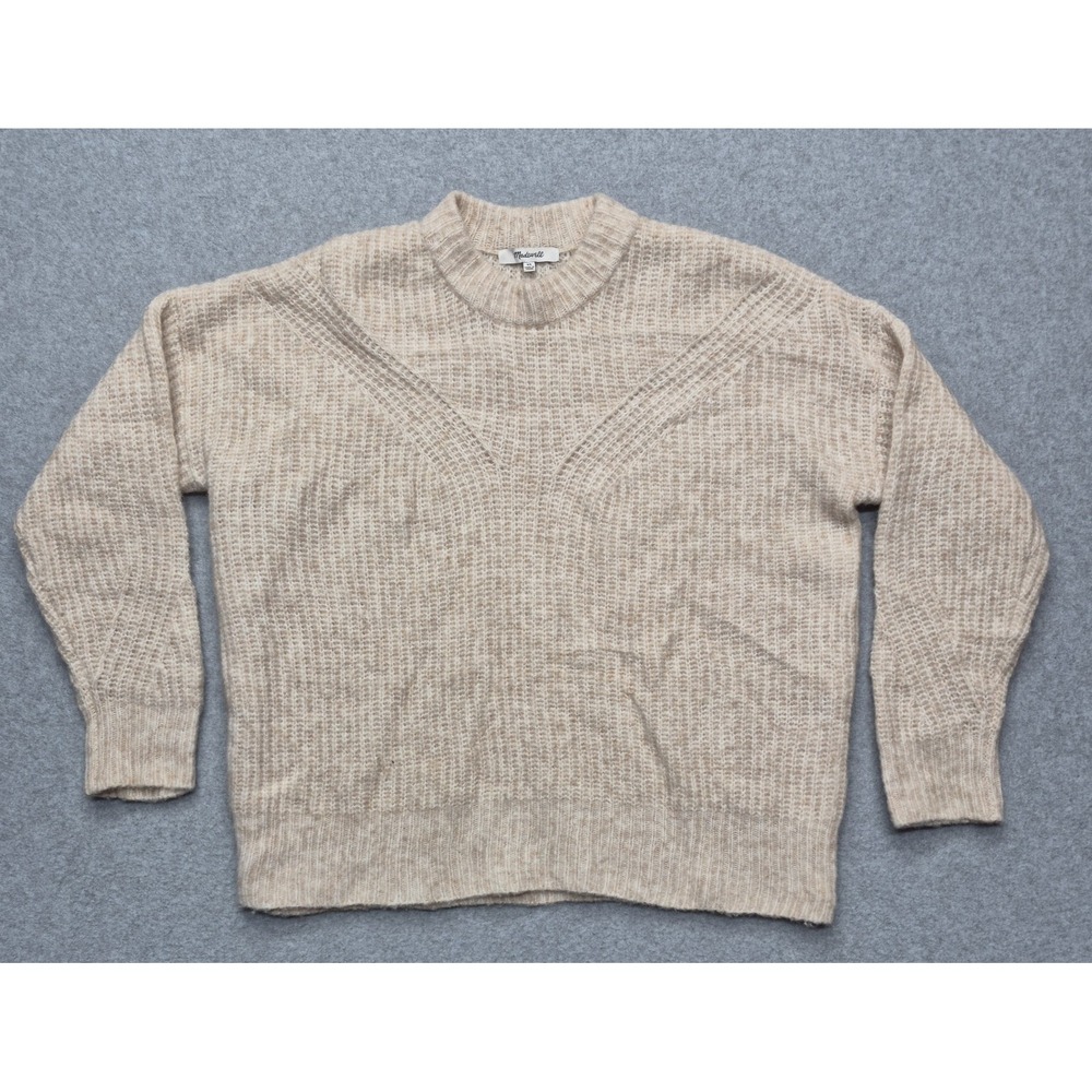 Madewell Sweater Womens XS Beige Oatmeal Chunky Knit Crewneck Chevron Pointelle